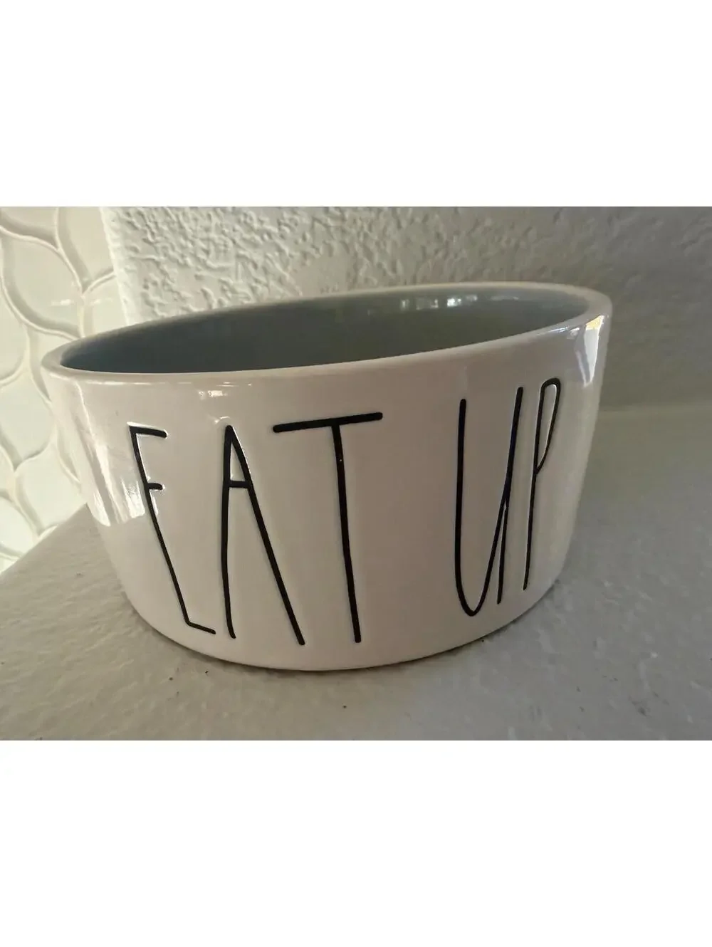 Rae Dunn Eat Up Dog/Pet Bowl White with grey inside 6